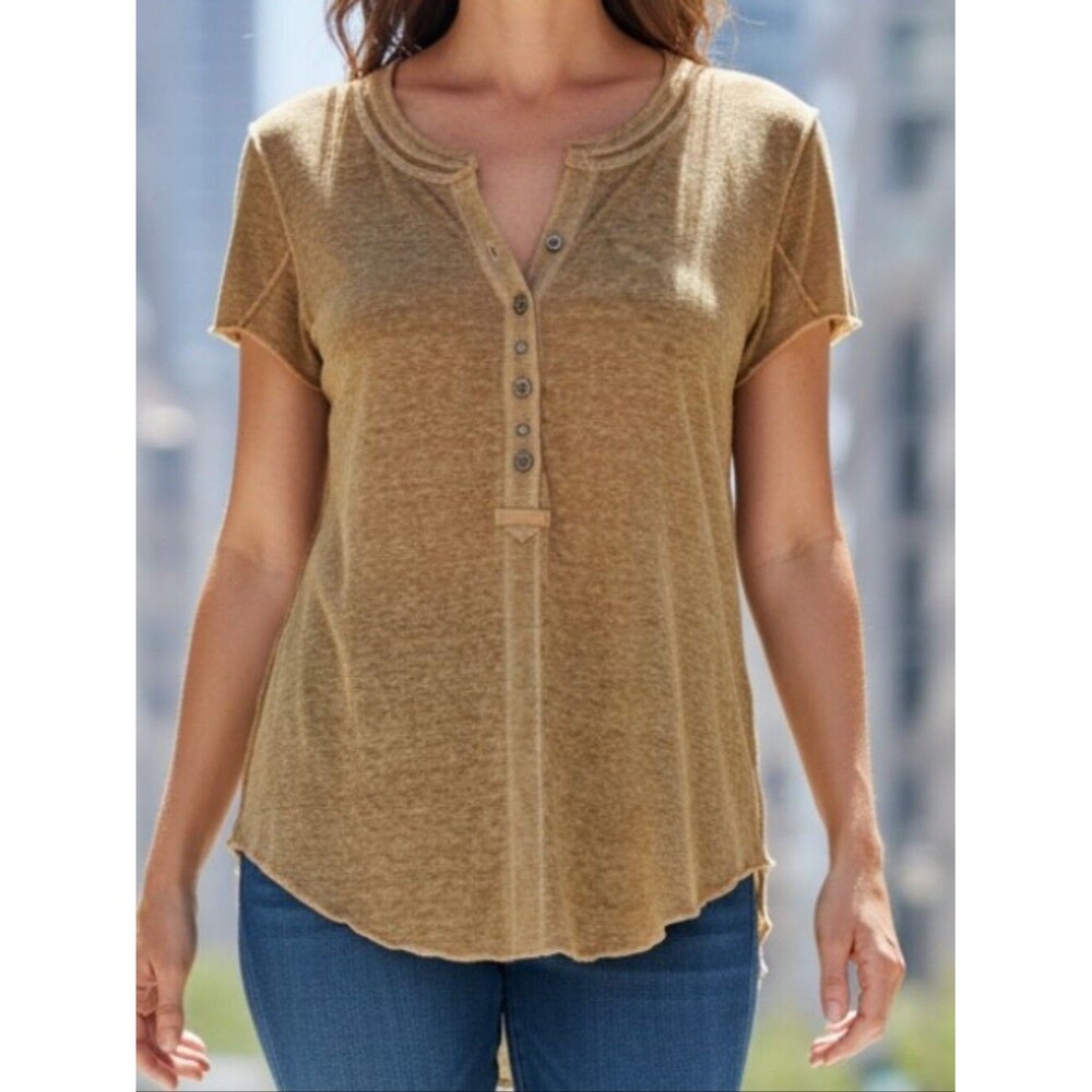 Free People We The Free Moss Olive Kia Henley Top Raw Edge Slub Knit Large NWT